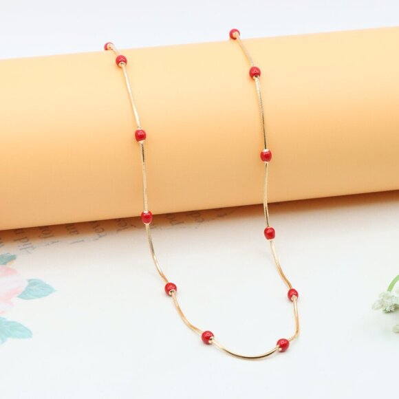 "Delicate Yellow Gold Plated Necklace with Red Beads, XPNL0302 - Picture 6 of 12